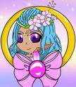 An anime-style headshot of the zine magical girl with blue hair and purple eyes, surrounded by a gold ring and a pink bow.